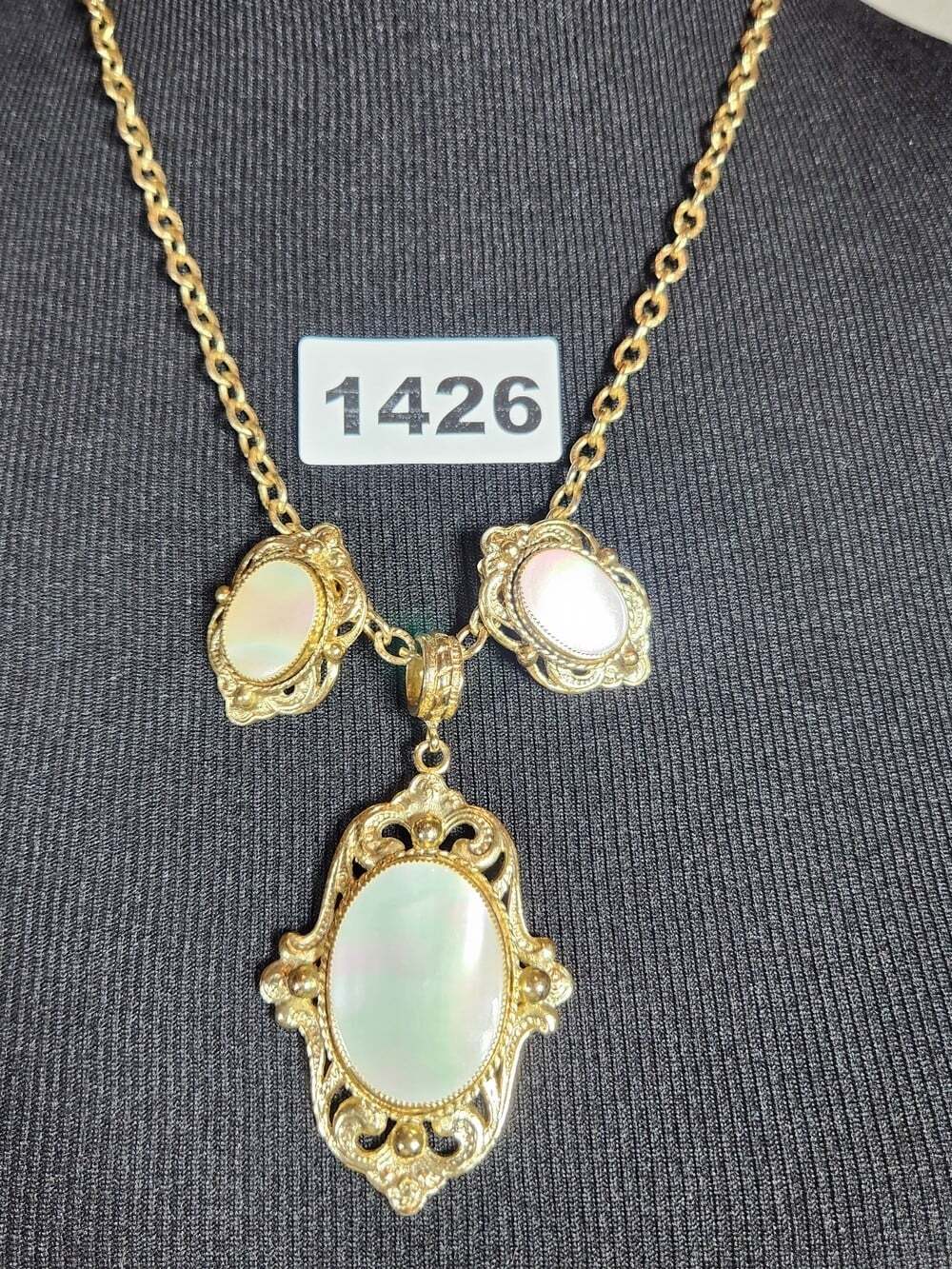 Vintage Whiting Davis Gold-Tone Necklace & Clip On Earrings Set Mother-of-Pearl